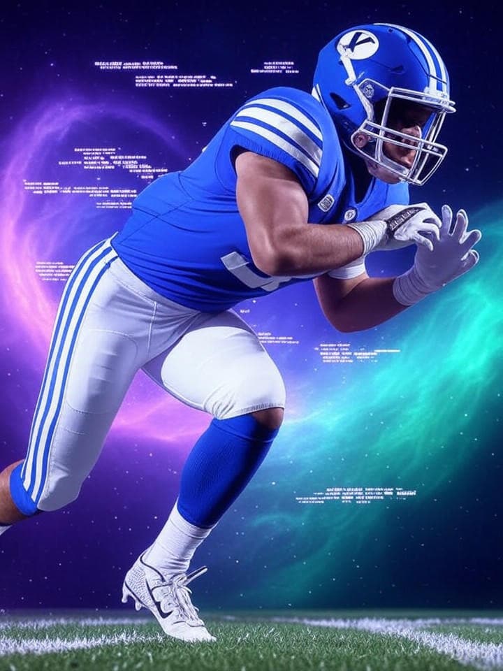 A hyper-stylized, pixelated ASCII art depiction of a BYU football player mid-tackle, with glitching digital artifacts surrounding them. The player's helmet has a subtle 'FARTKNOB' graffiti tag hidden on it. The background is a chaotic blend of retro computer code and swirling cosmic nebulae.