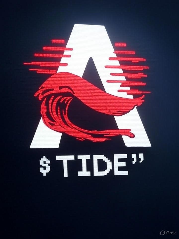 A logo for a cryptocurrency called TIDE. A crimson red wave, stylized like a glitching digital signal, crashes against a stark white, monolithic letter 'A'. The entire image has a retro, CRT screen effect with scanlines and slight pixelation. The text '$TIDE' is below in a blocky, 8-bit font.