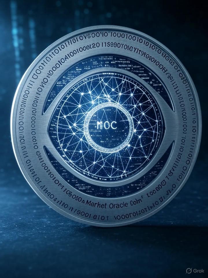 A futuristic, minimalist coin design. The front features an abstract, stylized eye symbol with a blockchain network visible through its pupil. The eye is surrounded by a halo of subtle ASCII binary code. The background is a dark, nebulous digital space with faint, glowing data streams. The text 'MOC' is subtly integrated into the design, perhaps as part of the eye's iris or outline, with 'Market Oracle Coin' in small, elegant, monospace font below.