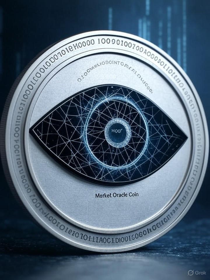 A futuristic, minimalist coin design. The front features an abstract, stylized eye symbol with a blockchain network visible through its pupil. The eye is surrounded by a halo of subtle ASCII binary code. The background is a dark, nebulous digital space with faint, glowing data streams. The text 'MOC' is subtly integrated into the design, perhaps as part of the eye's iris or outline, with 'Market Oracle Coin' in small, elegant, monospace font below.