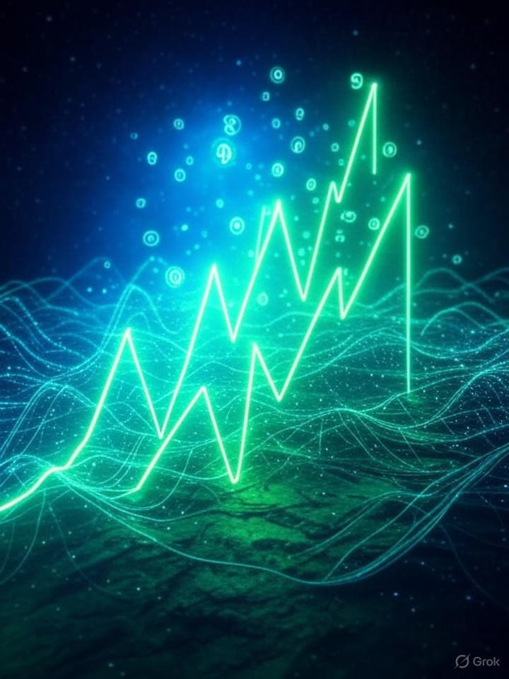 A glitchy, vaporwave style visualization of a network ping traveling through cyberspace, with a trail of neon green packets forming a chart that looks like a rising crypto price graph. The image has holographic symbols floating around and digital waves flowing, all set against a cosmic backdrop.