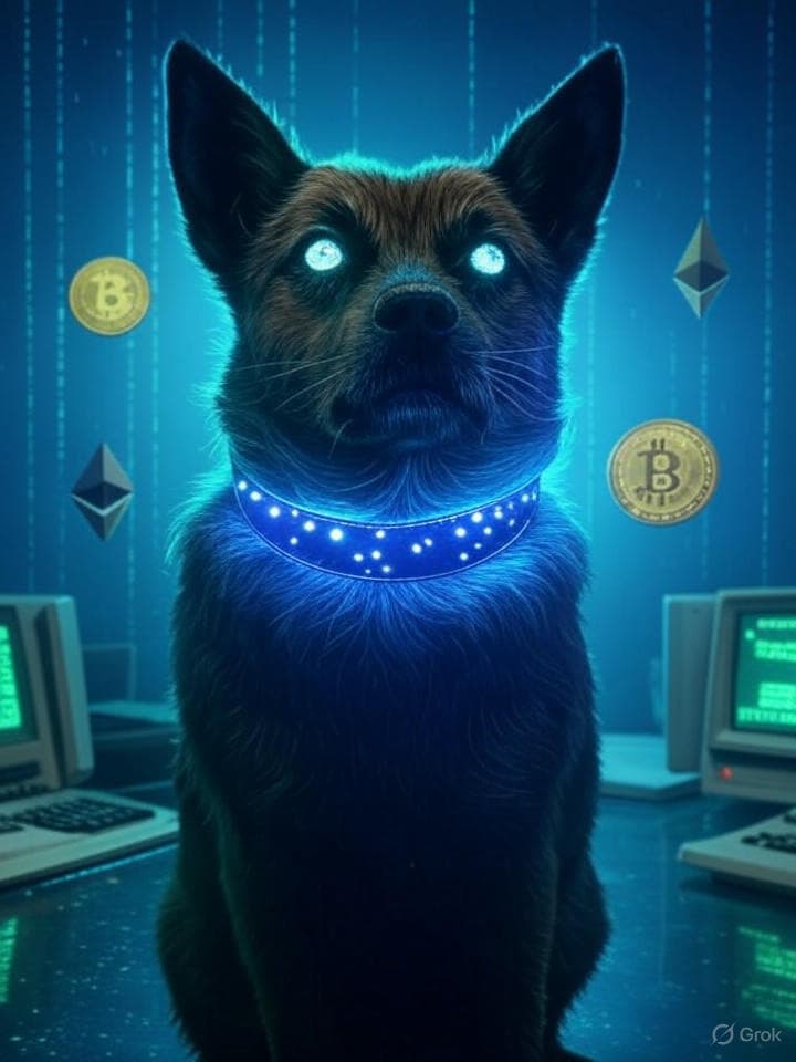 Retro ASCII art of a mystical dog with crypto symbols floating around its head, displayed on an old computer terminal with green phosphor screen glow. The image has a vaporwave aesthetic with digital glitches and binary code raining in the background.