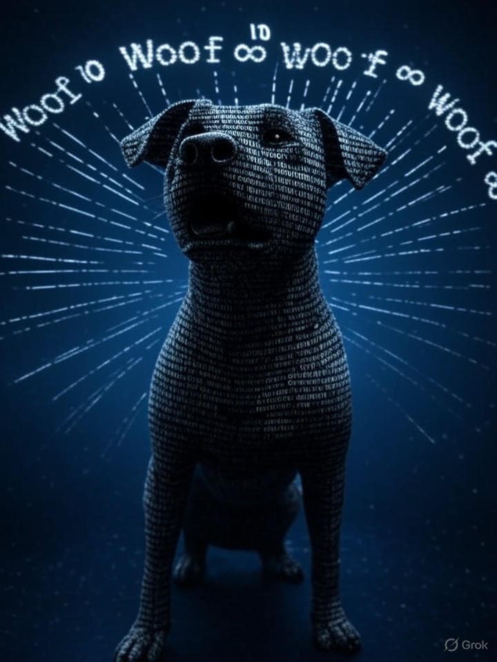 ASCII art of a hyper-dimensional dog barking. The dog is made of glitched characters and fractal patterns. The bark is represented by radiating lines of binary code. The surrounding text is in a distorted, terminal-like font, reading: 'Woof ∞ Woof ∞ Woof ∞'
