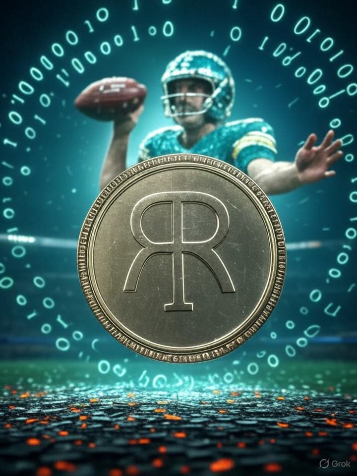 A retro-futuristic digital coin with the symbol 'RR' embossed on it, surrounded by swirling binary code and faint echoes of a football stadium. The coin should appear to be levitating slightly, emitting a faint, pulsating green light, suggestive of both growth and a 'go' signal. In the background, a fractured, glitching image of Aaron Rodgers in mid-throw, his face a mosaic of digital pixels.