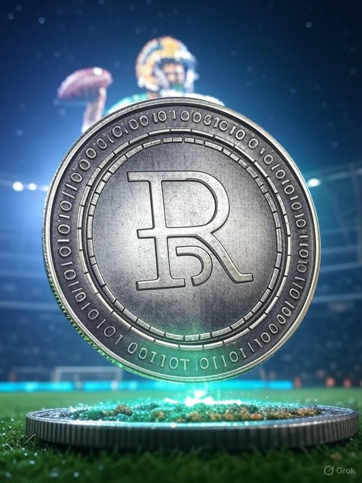 A retro-futuristic digital coin with the symbol 'RR' embossed on it, surrounded by swirling binary code and faint echoes of a football stadium. The coin should appear to be levitating slightly, emitting a faint, pulsating green light, suggestive of both growth and a 'go' signal. In the background, a fractured, glitching image of Aaron Rodgers in mid-throw, his face a mosaic of digital pixels.