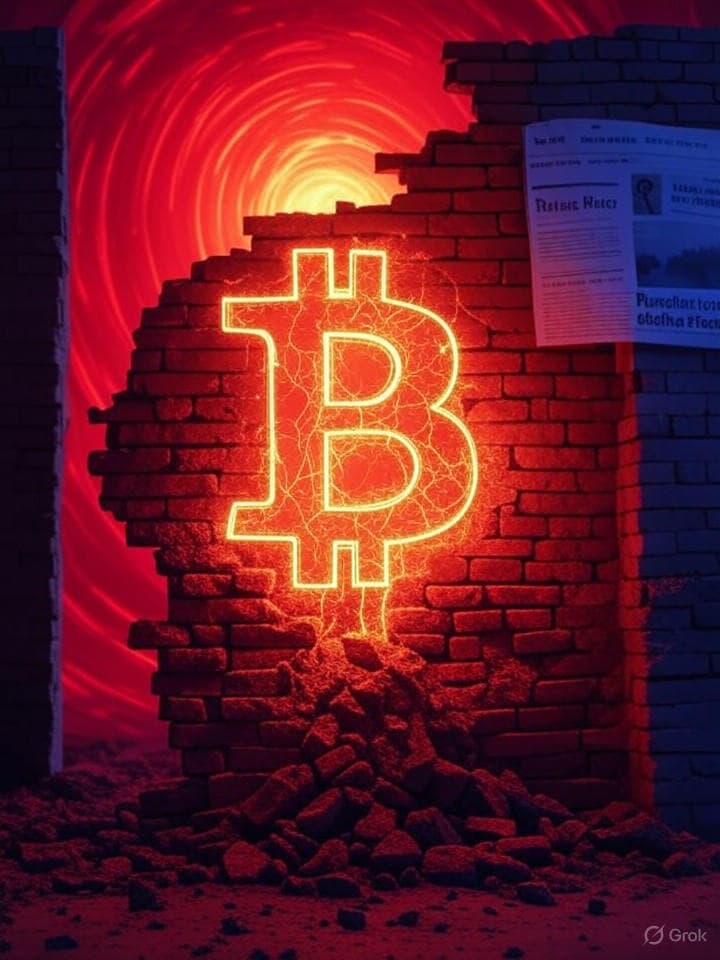 An abstract, glitchy digital art piece depicting a crumbling brick wall with a glowing, cracked Bitcoin symbol embedded within it. The background is a chaotic, swirling vortex of red and orange hues, with fragmented text snippets resembling trade statistics and news headlines overlaid.