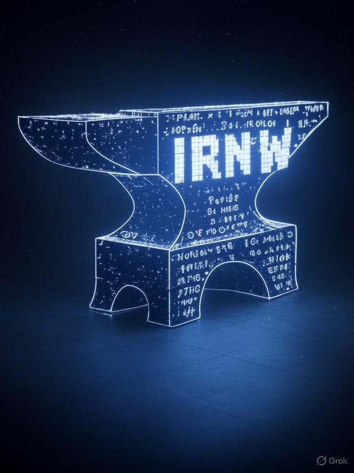 An ASCII art representation of a glowing digital ingot or an abstract, pixelated anvil. Embedded within, cryptic symbols of resilience and community. The word 'IRNW' is subtly integrated, perhaps with a stylized, blocky font, emanating a subtle, persistent digital glow. A sense of enduring strength and loyalty.