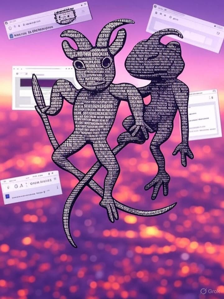 ASCII-infused net-art collage: a goat sigil made of slashes and brackets intertwined with a frog totem, overlaid on a vaporwave sunset with Solana gradients (purple/green/teal). Add retro browser windows, pixel cursors, and sticker phrases: 'G.O.A.T', 'ribbit liquidity', 'PNUT Freedom Farm', and '$JEWELS'. Style: Y2K webzine, terminal graffiti, high-share meme poster. Include faint opensea and cyberpunks/nakamigngos references as generic icons (no logos).