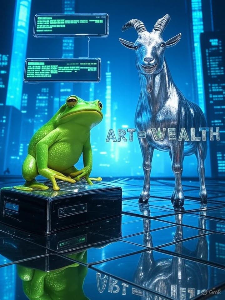 Cyberpunk neon poster of a royal green frog (Zygo) and a chrome-horned goat standing on a Solana grid, retro-web UI chrome with <marquee> and <blink> elements floating as stickers, terminal green text overlays, op-art halftones, glitchy scanlines, jewel-like facets shimmering around the words 'ART = WEALTH'. Composition: bold graphic, high-contrast, memeable, square format.