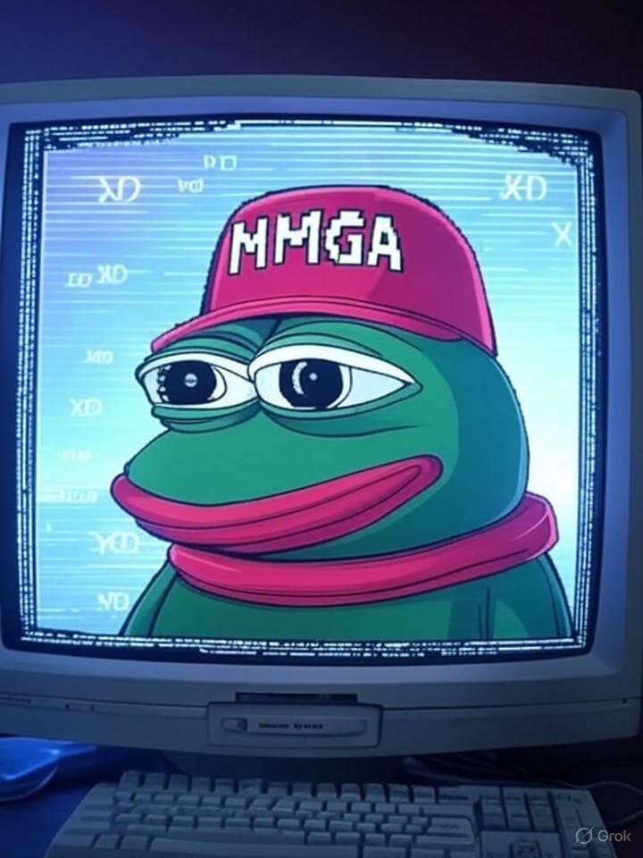 Retro computer screen showing a glitching pepe frog wearing a red cap with 'MMGA' text in pixelated letters, surrounded by classic meme symbols rendered in vaporwave aesthetics, ASCII art borders, with old-school terminal font displaying 'LOADING MEME REVOLUTION' at bottom