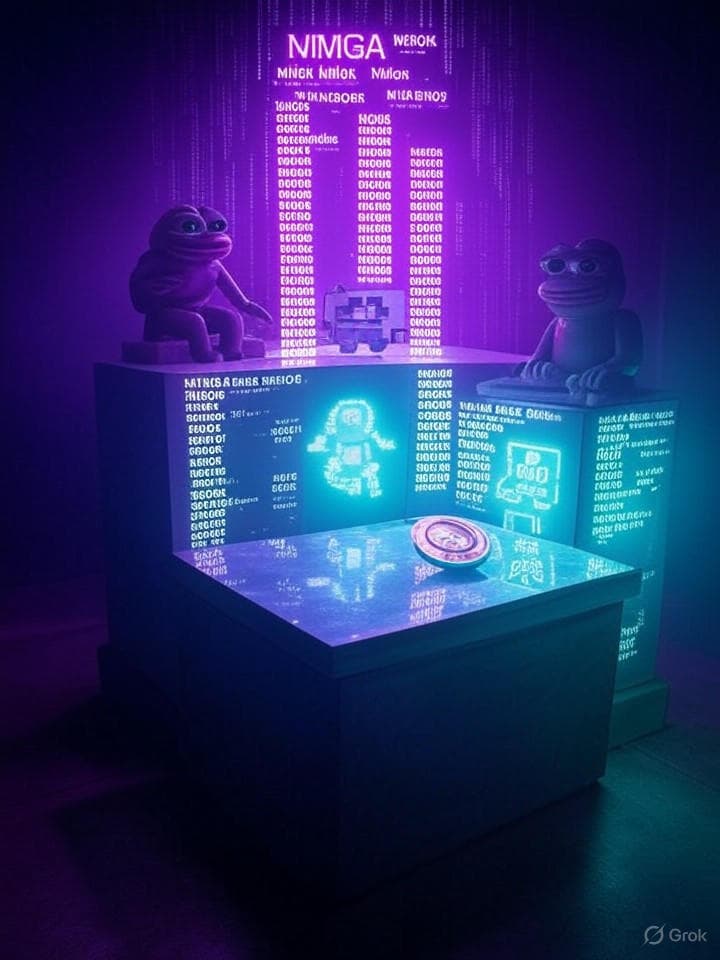 A digital shrine to internet meme culture featuring an altar with glowing pixelated artifacts from internet history - a dancing baby hologram, Nyan Cat trailing through cyberspace, a Pepe statue, and a Doge coin medallion. The background shows a retro computer matrix raining down code that spells 'MMGA' in hidden ASCII patterns. The whole scene rendered in cyberpunk meets vaporwave aesthetic with purple and teal lighting.