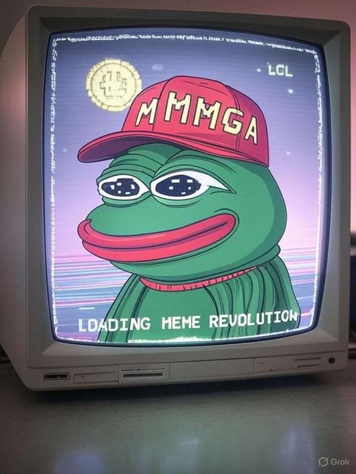 Retro computer screen showing a glitching pepe frog wearing a red cap with 'MMGA' text in pixelated letters, surrounded by classic meme symbols rendered in vaporwave aesthetics, ASCII art borders, with old-school terminal font displaying 'LOADING MEME REVOLUTION' at bottom