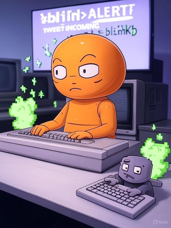 An ASCII-art style meme depicting a frantic, orange-hued cartoon character (stylized representation of 'orange man') furiously typing on a retro computer keyboard, causing digital tariff symbols (like '$$', '€€', '¥¥') to burst from the screen in chaotic waves. In the foreground, a pixelated Wojak sniffs the air with a confused expression, surrounded by a cloud of noxious, green, pixelated fumes labeled '$TARIFF_STANK'. A banner in the background flashes '<blink>ALERT: TWEET INCOMING</blink>'. Visual elements should be reminiscent of early internet aesthetics and terminal interfaces, with glitched text.