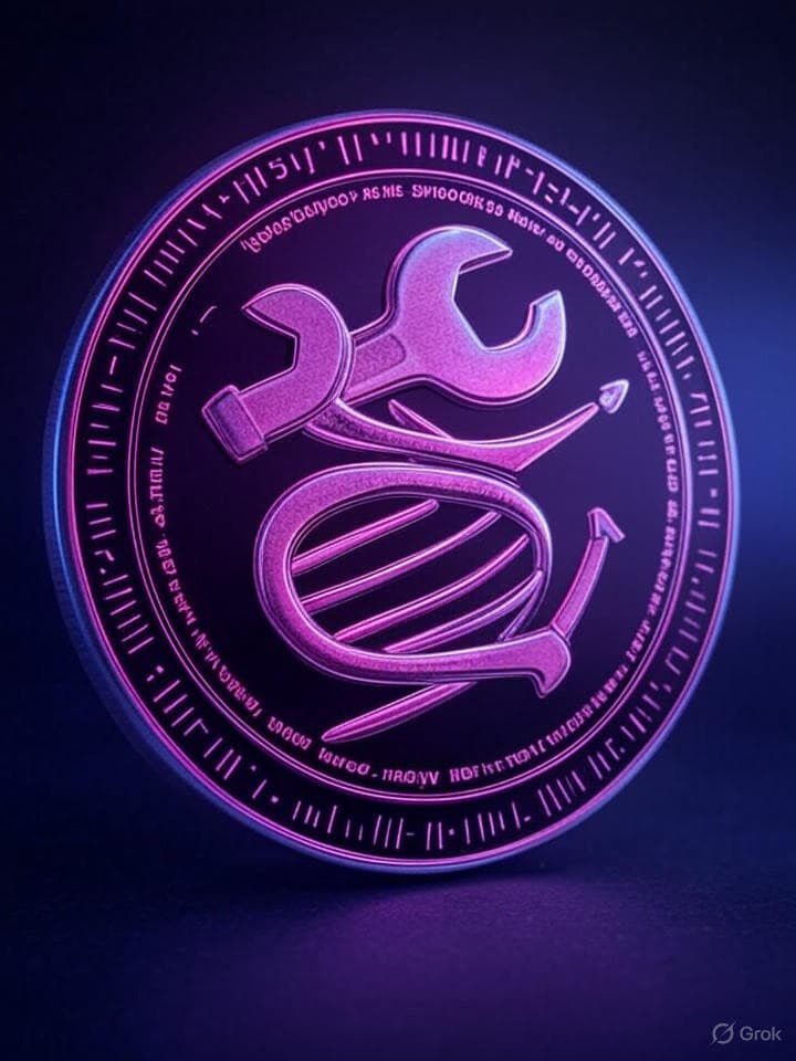 Coin sigil on a terminal-black backdrop: interlocked wrench and pipette forming a double helix. Outer ring etched with ASCII bands █▌██▉▉█ and tiny <marquee> arrows. Vaporwave neon (magenta/cyan), CRT scanlines, subtle barcode perimeter. Minimalist, iconic, meme-ready.