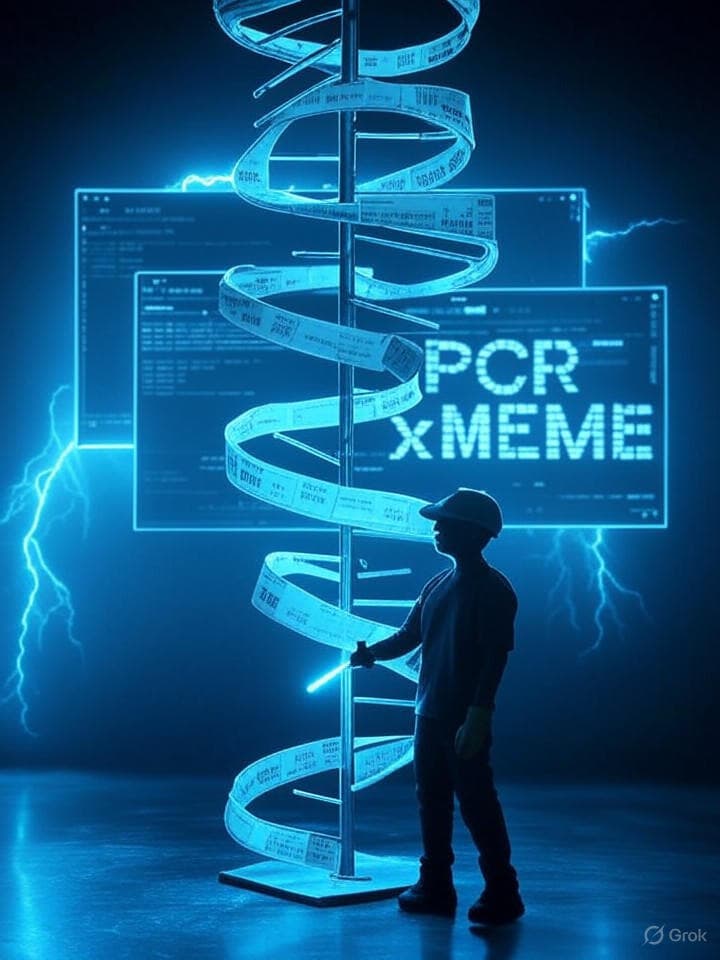 ASCII-first poster: a towering double helix rendered in clean vector lines, woven with receipt paper and barcodes. A humble worker silhouette (cap, gloves) stands at the base holding a glowing pipette-wrench. Overlays of terminal UI windows with <marquee behavior='scroll'>PCR x MEME</marquee> text. Palette: electric cyan, ultraviolet, and black. Grainy, nostalgic, 90s web aesthetic with crisp modern polish.