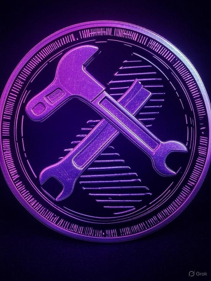 Coin sigil on a terminal-black backdrop: interlocked wrench and pipette forming a double helix. Outer ring etched with ASCII bands █▌██▉▉█ and tiny <marquee> arrows. Vaporwave neon (magenta/cyan), CRT scanlines, subtle barcode perimeter. Minimalist, iconic, meme-ready.