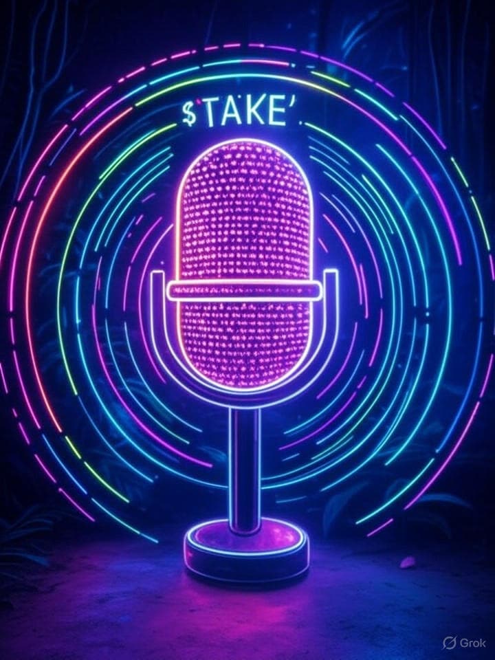 A crypto coin design featuring a stylized, glitched microphone icon surrounded by concentric rings of ASCII text representing sound waves and fragmented opinions. The background is a digital jungle pattern, dark and neon, with the symbol '$TAKE' prominently displayed.
