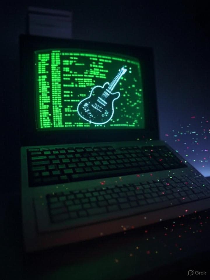 Retro ASCII art of a heavy metal guitar with lightning bolts, displayed on an old computer terminal. The image has a glitchy, cyberpunk aesthetic with green text on black background. The word 'METAL' appears to be glitching in and out of the display. Digital artifacts and noise frame the composition.