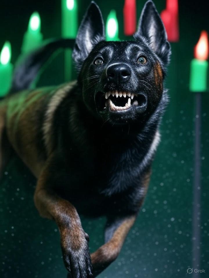 A Belgian Malinois made of liquid black chrome, mid-lunge, teeth bared. It's moving through a landscape of crashing green and red stock chart candles. The motion blur is extreme, capturing immense speed and power. The background is a dark void. Only the dog and the chart data are illuminated.