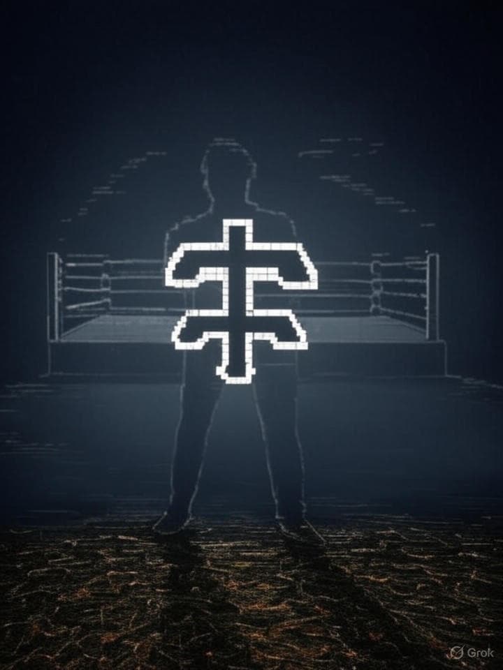 A minimalist, almost empty screen. A single, pixelated, glitching '␀' symbol at the center, surrounded by faint, fragmented ASCII outlines of a wrestling ring or a celebrity silhouette. The background is a deep black digital void, with subtle, barely visible data streams flowing into it. Retro digital art, lo-fi aesthetic.
