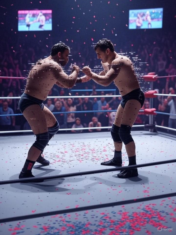 A pixelated wrestling ring surrounded by glitch-art spectators, with binary code raining down like confetti. Two fighters, distorted and fragmented, clash in the center, their forms bleeding into ASCII characters. The vibe is retro-digital, chaotic, with neon outlines and a sense of staged drama.