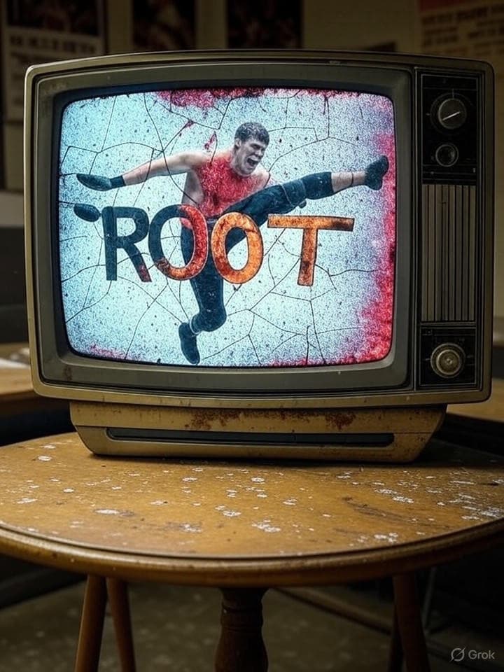A rusted and cracked television from the 1990s. The CRT screen displays a heavily distorted, datamoshed image of a professional wrestler mid-air. The colors are bleeding and glitching into pure static at the edges. The word 'ROT' is burned into the screen like phosphor ghosting.