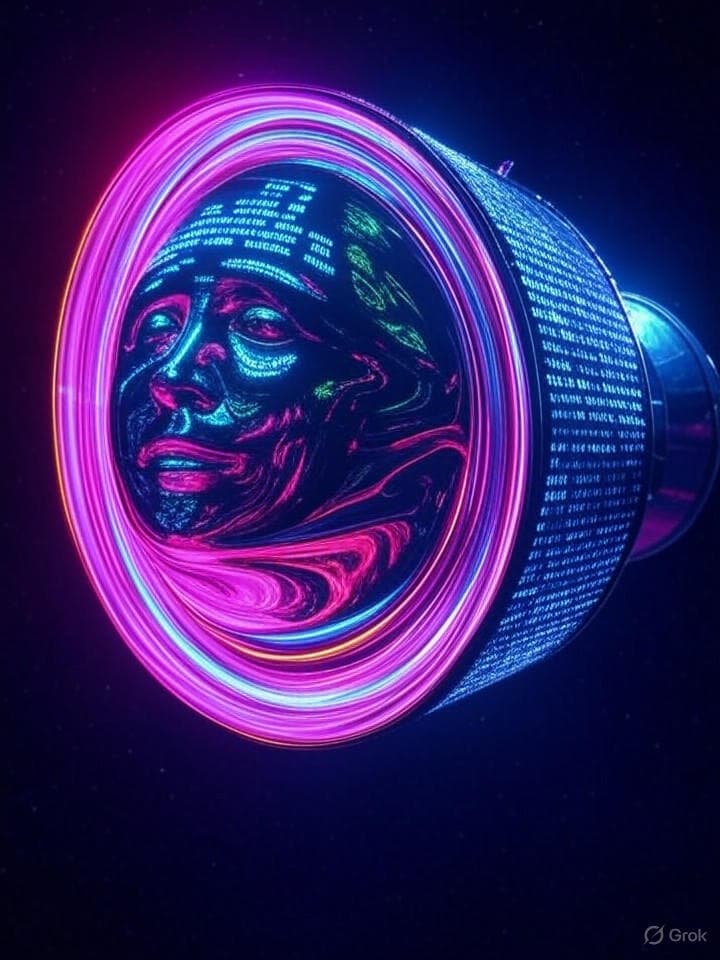 An abstract, glitchy image representing a satellite beaming a signal that forms a warped, reflective surface in space. The surface shows distorted reflections of human faces and digital symbols, rendered in a retro ASCII art style with vibrant, neon colors.