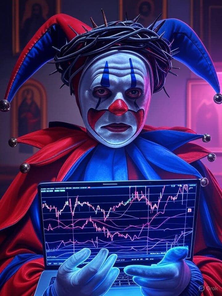 An oil painting of a divine jester, face painted like a classic sad clown, wearing a crown of thorns made from tangled ethernet cables. In its hands, it holds a glowing laptop displaying a stock chart going to the moon. The style is a bizarre fusion of baroque religious iconography and 1990s vaporwave.