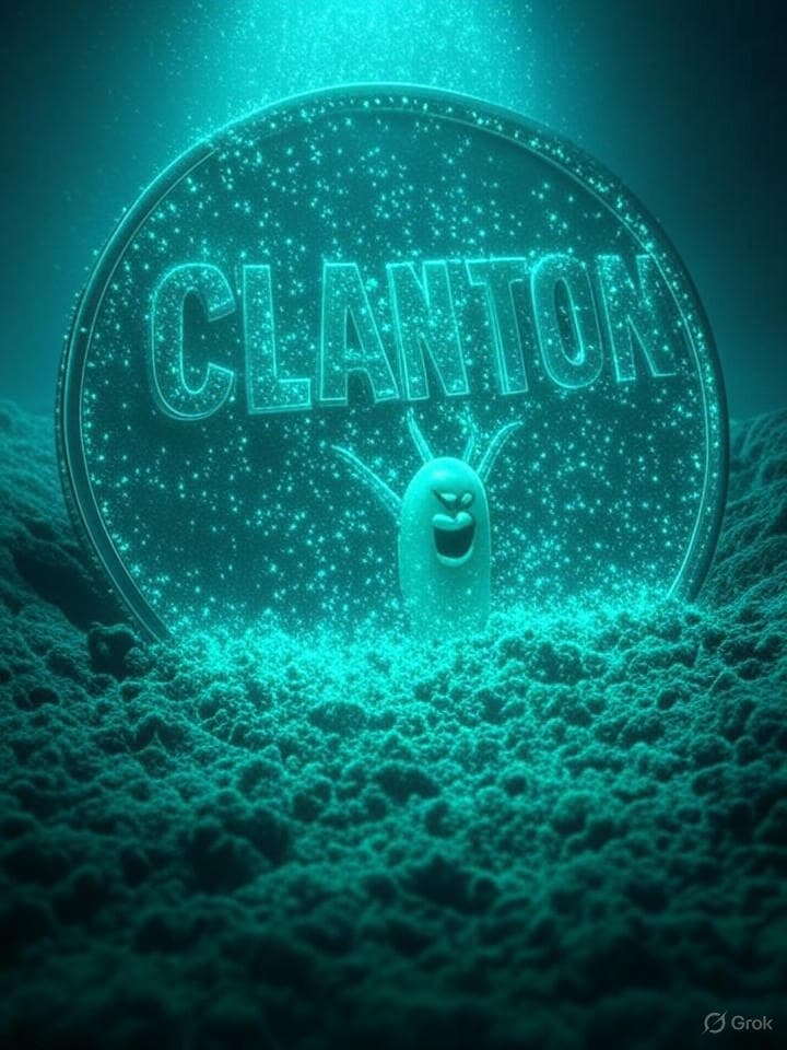 Poster art: Giant luminescent plankton swarm forming a coin-logo that reads CLANKTON, deep-sea trench with glowing circuit reefs, mischievous villain energy, teal/green palette, vaporwave gradients, chromatic aberration, grainy CRT texture, shareable social graphic