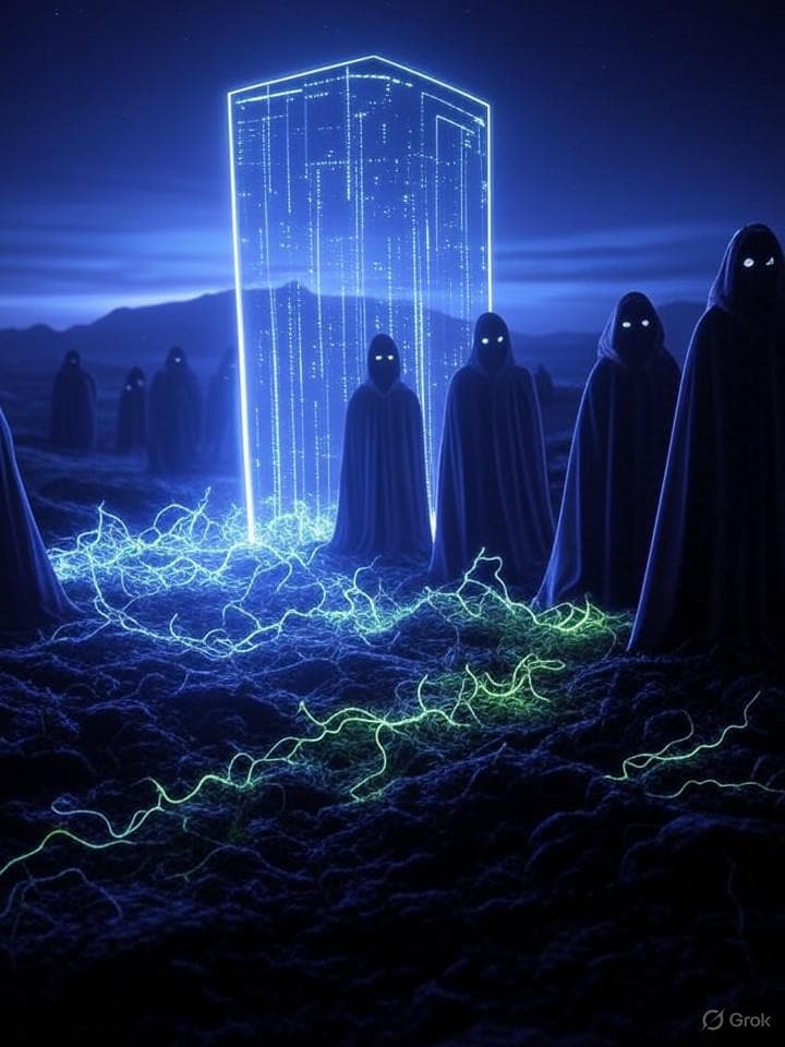 Abstract digital landscape with glowing data streams forming a protective shield. In the foreground, stylized, cloaked figures (like digital specters) stand guard. The color palette is dark blues, purples, and electric greens. Incorporate subtle binary code patterns. ASCII art influence, glitch aesthetic.