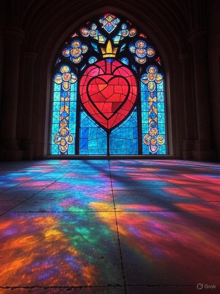 a stained glass window in a dark cathedral, the design is a perfect hexagon with a stylized, crowned heart in the center, light is pouring through it, creating a brilliant, colorful pattern on the stone floor, digital art, hyper-realistic, volumetric light.