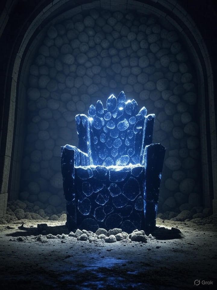 a massive, ornate, gothic throne made of glowing hexagonal obsidian plates, sitting empty in the center of a colossal vault. the vault is filled to the ceiling with dusty, forgotten bags of other cryptocurrencies. the only light source is the throne itself. cinematic, dramatic lighting, high detail.