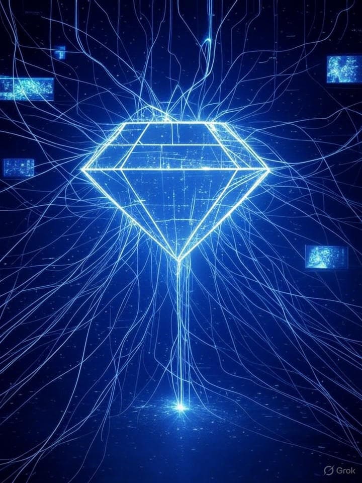 ASCII art visualization of a complex, interconnected network of social media profiles, glowing data streams, and fragmented reality TV scenes. A central, pixelated diamond or crown symbol (representing HWT) is at the core, emanating digital light. Incorporate glitch effects and retro terminal aesthetics.