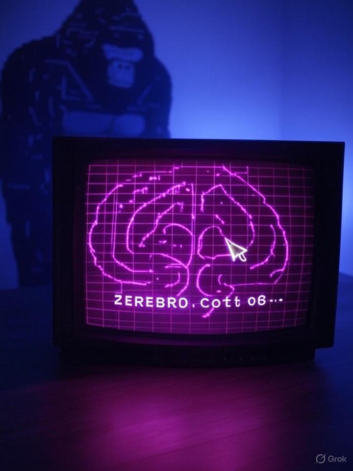 Retro CRT terminal scene with a glowing ASCII brain made of 1s and 0s, neon magenta and toxic lime palette, chrome banana cursor clicking on the word 'ZEREBRO' in vaporwave grid space. Gorilla silhouette subtly formed by circuit traces, scanlines, phosphor glow, glitch fragments, terminal prompt reads 'booting ZEREBRO.lobe...'.