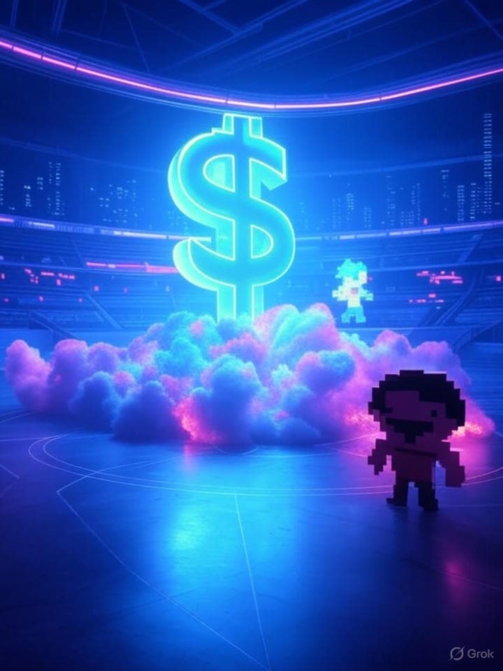A futuristic, neon-infused representation of an arena where physical and virtual collide—a dollar symbol battling against a pixelated character. The clash emits luminous data streams around them, resembling modern cryptocurrency aesthetics mixed with retro gaming vibes.
