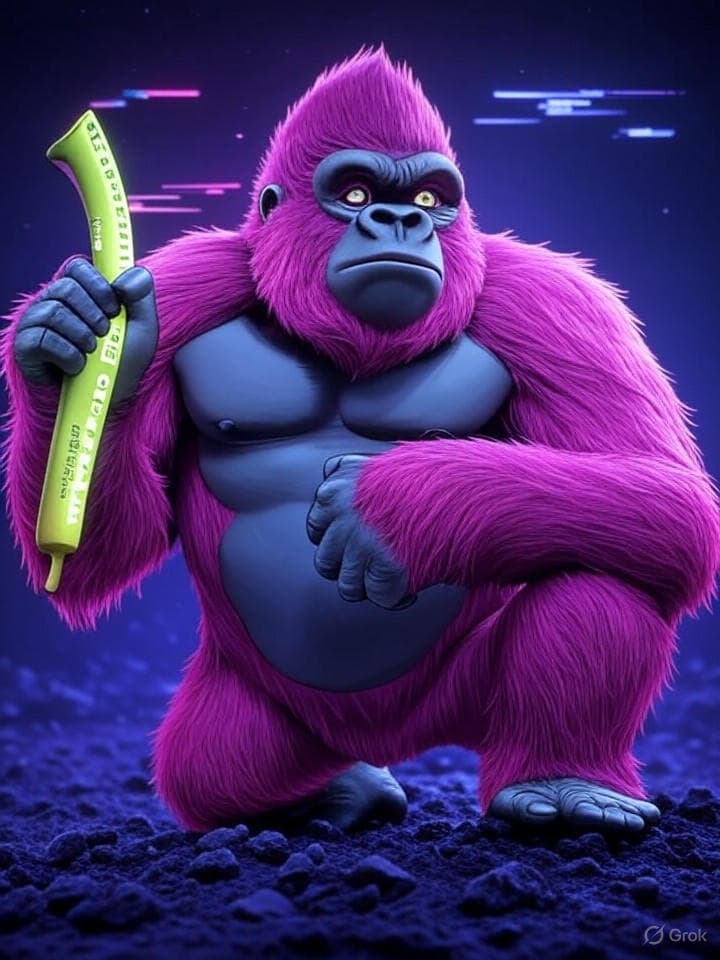 Neon cyber-fairy gorilla wizard with a banana staff, vaporwave magenta + terminal green palette, glitch halos, CRT scanlines, old-web UI elements <marquee> and <blink> floating, ASCII runes swirling, triumphant mascot pose, bold FEYK glyph, sticker-friendly logo lockup