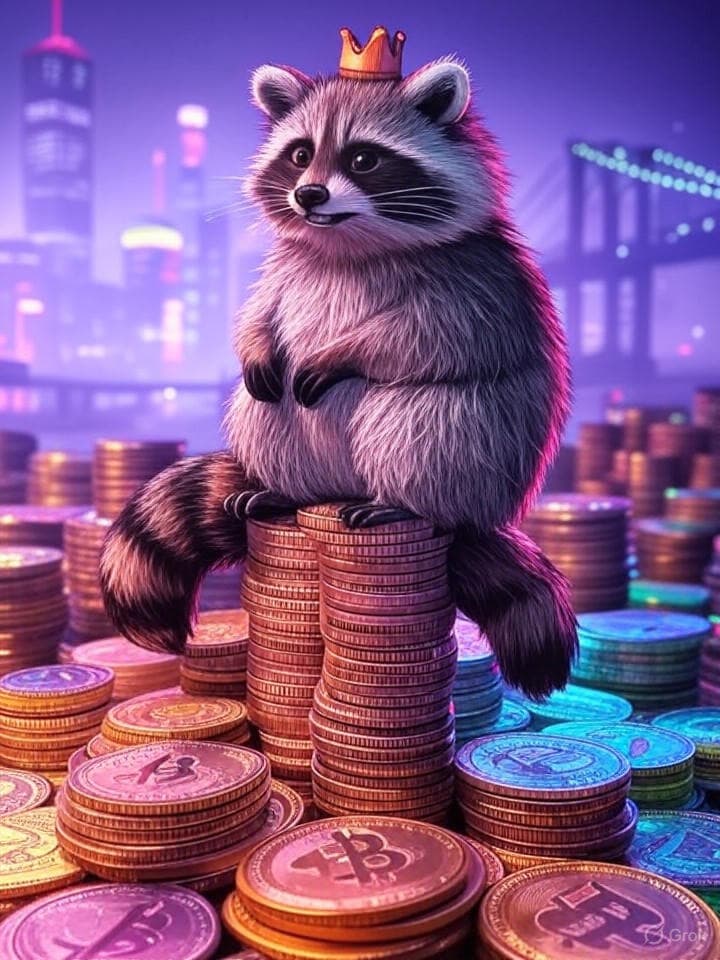 An intricate ASCII art depicting a stylized raccoon wearing a tiny, pixelated crown, perched atop a stack of overflowing cryptocurrency coins. The background is a glitchy, neon-lit cityscape with subtle nods to Brooklyn landmarks like the bridge. The overall aesthetic should be retro-cyberpunk and slightly chaotic.