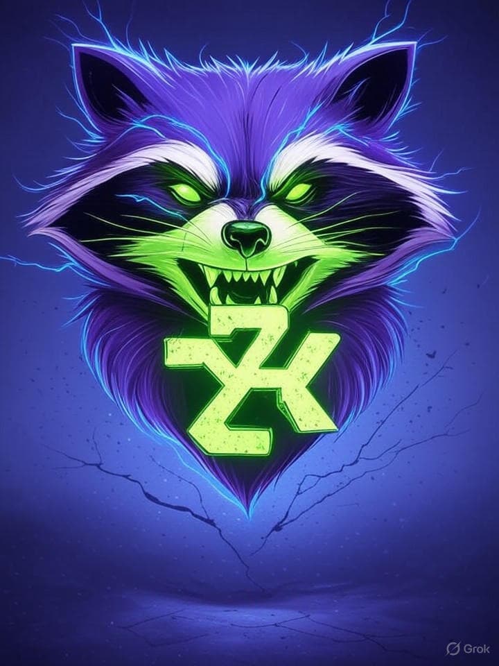 A bold, impactful logo for the $BRACC token. It should feature a stylized, snarling raccoon face integrated with a cracked blockchain symbol. The colors should be a mix of deep purple, electric blue, and vibrant neon green, with a distressed, graffiti-like texture.