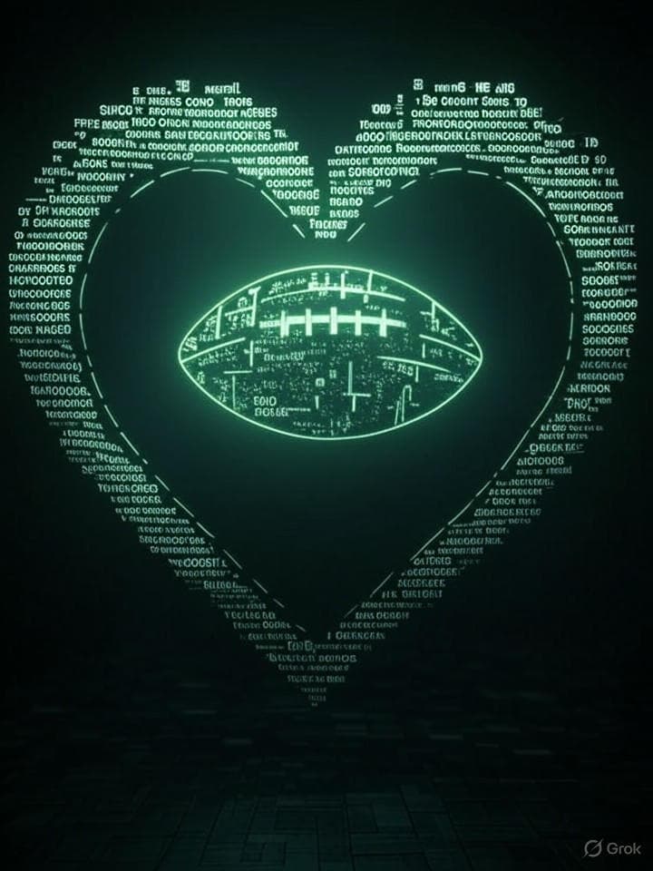 A pixelated, glitching ASCII art heart, formed from binary code and fragmented terminal characters. Inside the heart, a minimalist ASCII football icon. The whole image flickers with digital static and emits a subtle, neon-green glow, set against a dark, console-like background.