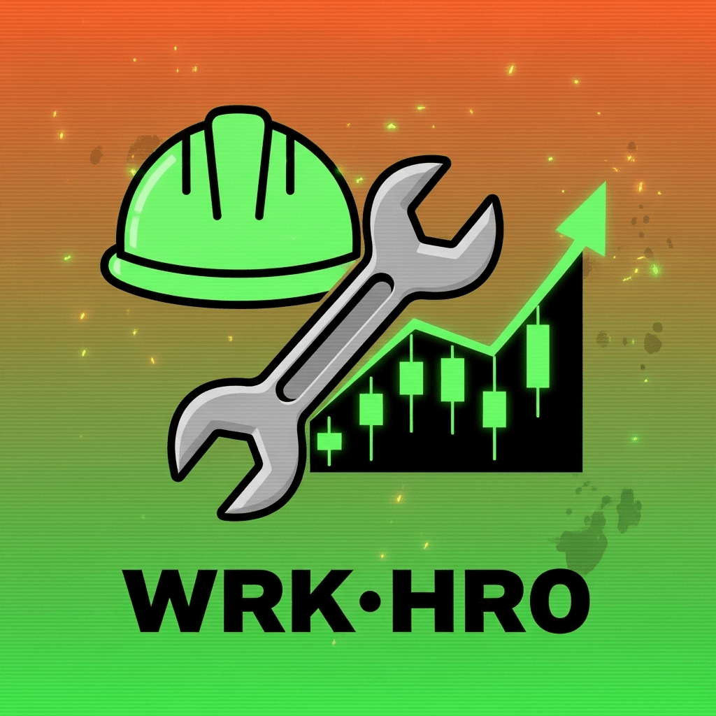 Retro-futurist 8-bit hardhat icon glowing terminal-green with a steel wrench that morphs into an upward candlestick chart; background is a CRT scanline gradient from worker-orange to neon green; subtle pixel sparks and grease smudges; bold, chunky typography reading WRK•HR0; vibe: blue-collar cyberpunk union poster meets arcade boot screen.