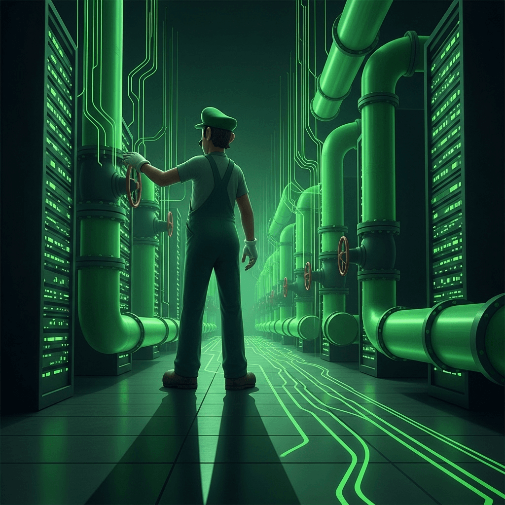 A tall, lanky video game plumber in green overalls, seen from behind, standing in a vast, dark server room. The servers are shaped like green pipes from a retro video game. His silhouette is cast long on the floor, and the only light comes from the faint, eerie green glow of data streams flowing through the translucent pipes. His hands are adjusting a valve on one of the pipes. Style is dark, cinematic, digital realism with a hint of 8-bit nostalgia.