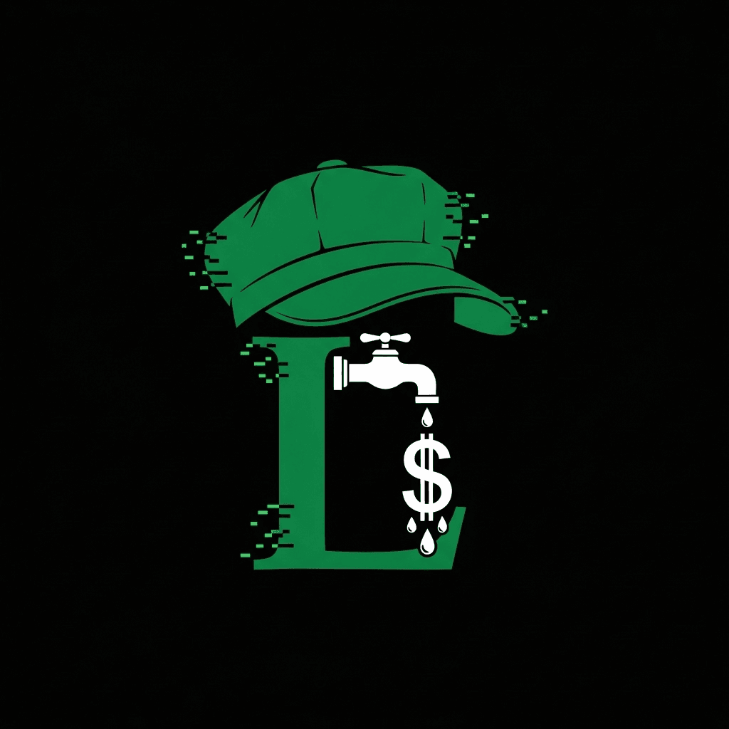 A minimalist, symbolic logo. A green plumber's cap, but the 'L' symbol is replaced with a stylized, dripping faucet icon that also resembles a dollar sign. The background is pitch black, and the entire logo has a subtle, green digital glitch effect. It feels like a secret society's sigil.