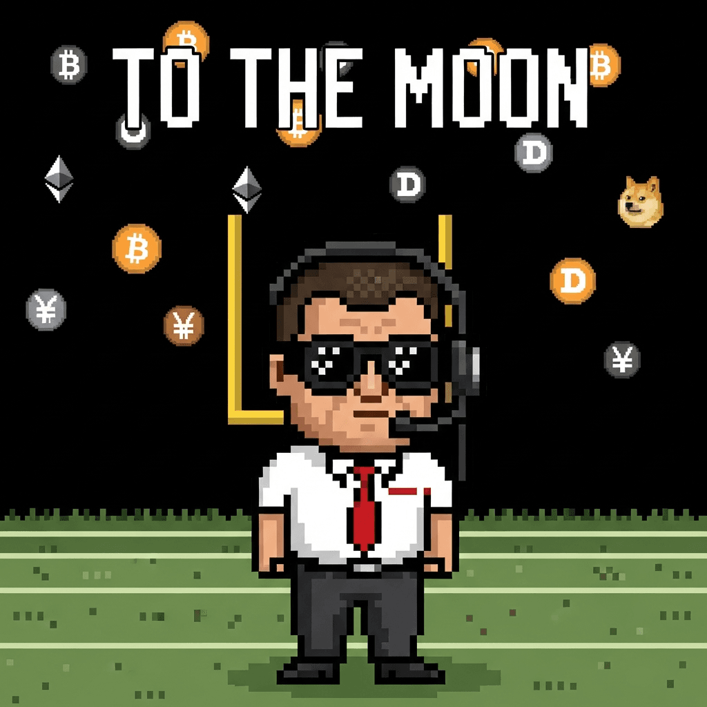 Retro ASCII art style meme showing Coach Curt Cignetti as a pixelated 8-bit character with sunglasses and a headset, standing on a football field with 'TO THE MOON' text above him and various cryptocurrency symbols falling like rain in the background