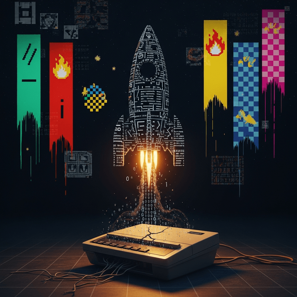 A surreal ASCII-inspired rocket design, constructed from distorted text characters and fragmented code snippets, launching from a broken dial-up modem. Background is a dark void with faint traces of Geocities-era web graphics, dripping with digital grime and glitch effects.