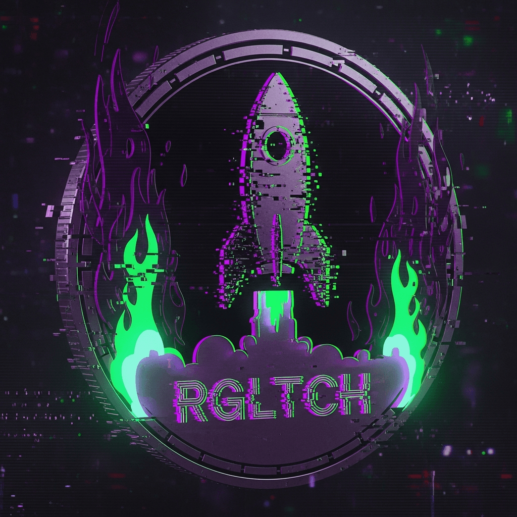 A menacing cryptocurrency coin featuring a glitched rocket silhouette made of fragmented binary code and corrupted pixels, surrounded by dark purple and neon green flames, with 'RGLTCH' etched in distorted retro computer font, floating in a void of static noise and digital artifacts