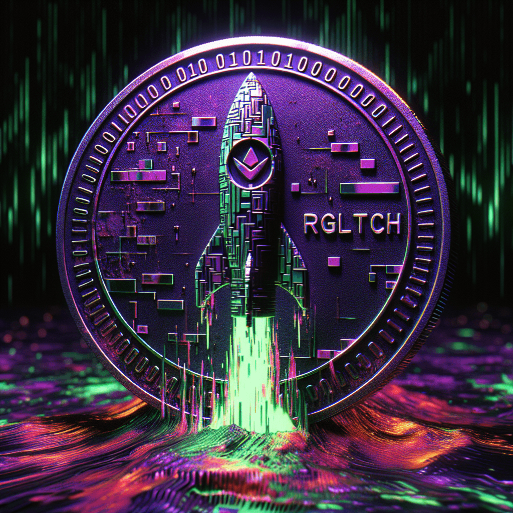A menacing cryptocurrency coin featuring a glitched rocket silhouette made of fragmented binary code and corrupted pixels, surrounded by dark purple and neon green flames, with 'RGLTCH' etched in distorted retro computer font, floating in a void of static noise and digital artifacts