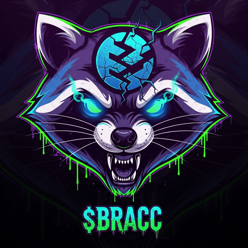 A bold, impactful logo for the $BRACC token. It should feature a stylized, snarling raccoon face integrated with a cracked blockchain symbol. The colors should be a mix of deep purple, electric blue, and vibrant neon green, with a distressed, graffiti-like texture.