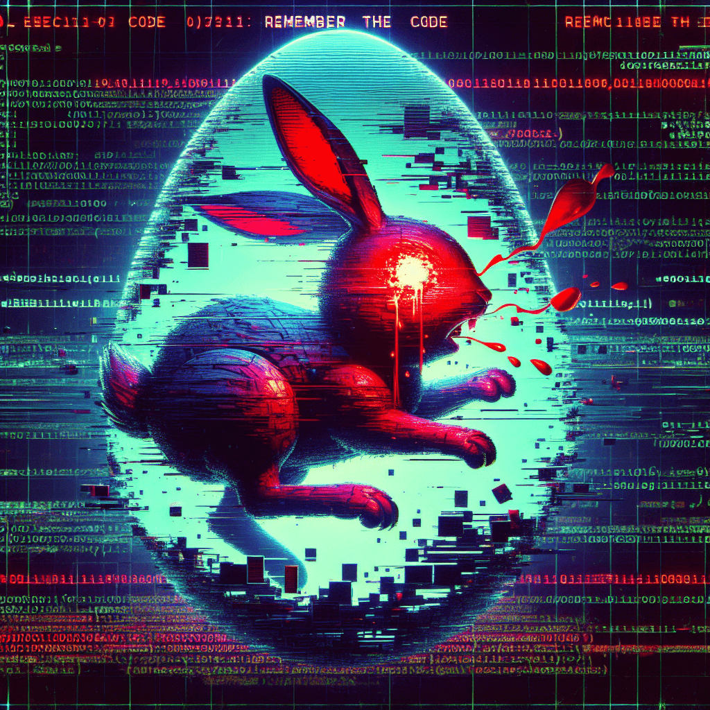 ASCII art of a glowing, glitching rabbit emerging from a digital Easter egg, with a single red pixel bleeding from its eye. The background is a chaotic mix of binary code and fragmented internet forum text. Include the text 'REMEMBER THE CODE' in a distorted, retro font.