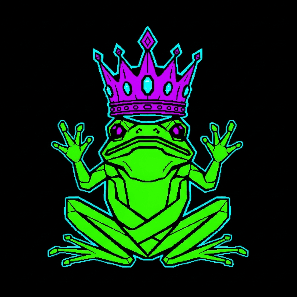 A sacred sigil for the Hermeto coin. Imagine a stylized, geometric frog intertwined with a regal crown, all rendered in a bold, pixelated aesthetic. Think ancient Egyptian iconography meets 1990s arcade game graphics. Use a limited, vibrant color palette like neon green, royal purple, and glitchy cyan.