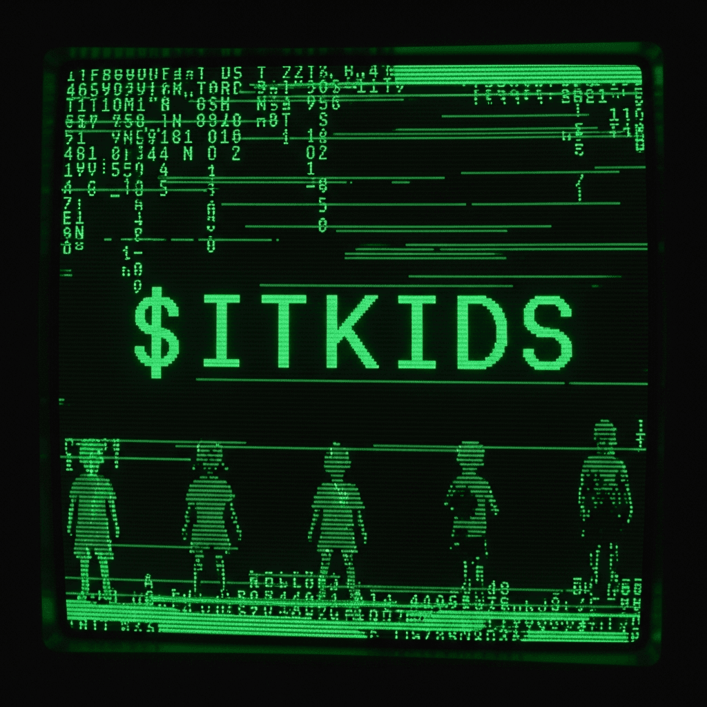Retro computer terminal screen showing '$ITKIDS' in glitched, vaporwave style ASCII art. Green text on black background with digital artifacts, static, and lines of code. 90s internet aesthetic with pixelated children silhouettes appearing like ghosts in the matrix.